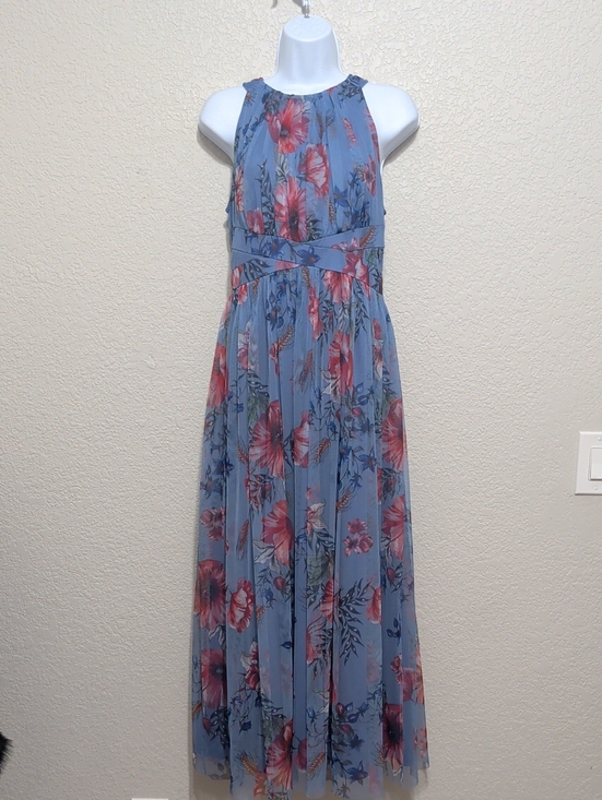 Candalite Petite Dresses & Skirts - Candalite Petite blue pink floral sleeveless fit and flare maxi dress